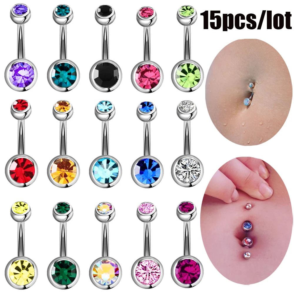 15pcs Mixed Color Double Gem Surgical Steel Belly Button Rings Navel