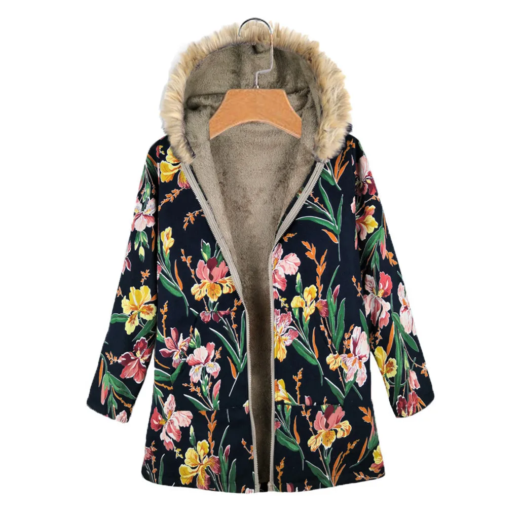 Зимняя женская куртка, парка, пальто, женская ветровка, теплая верхняя одежда, цветочный принт, с капюшоном, ВИНТАЖНЫЕ пальто размера плюс, верхняя одежда