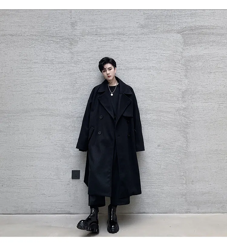 Male Vintage Streetwear Belt Wool Trench Coat Overcoat Men Autumn Winter Loose Long Double-breasted Woolen Jacket Windbreaker
