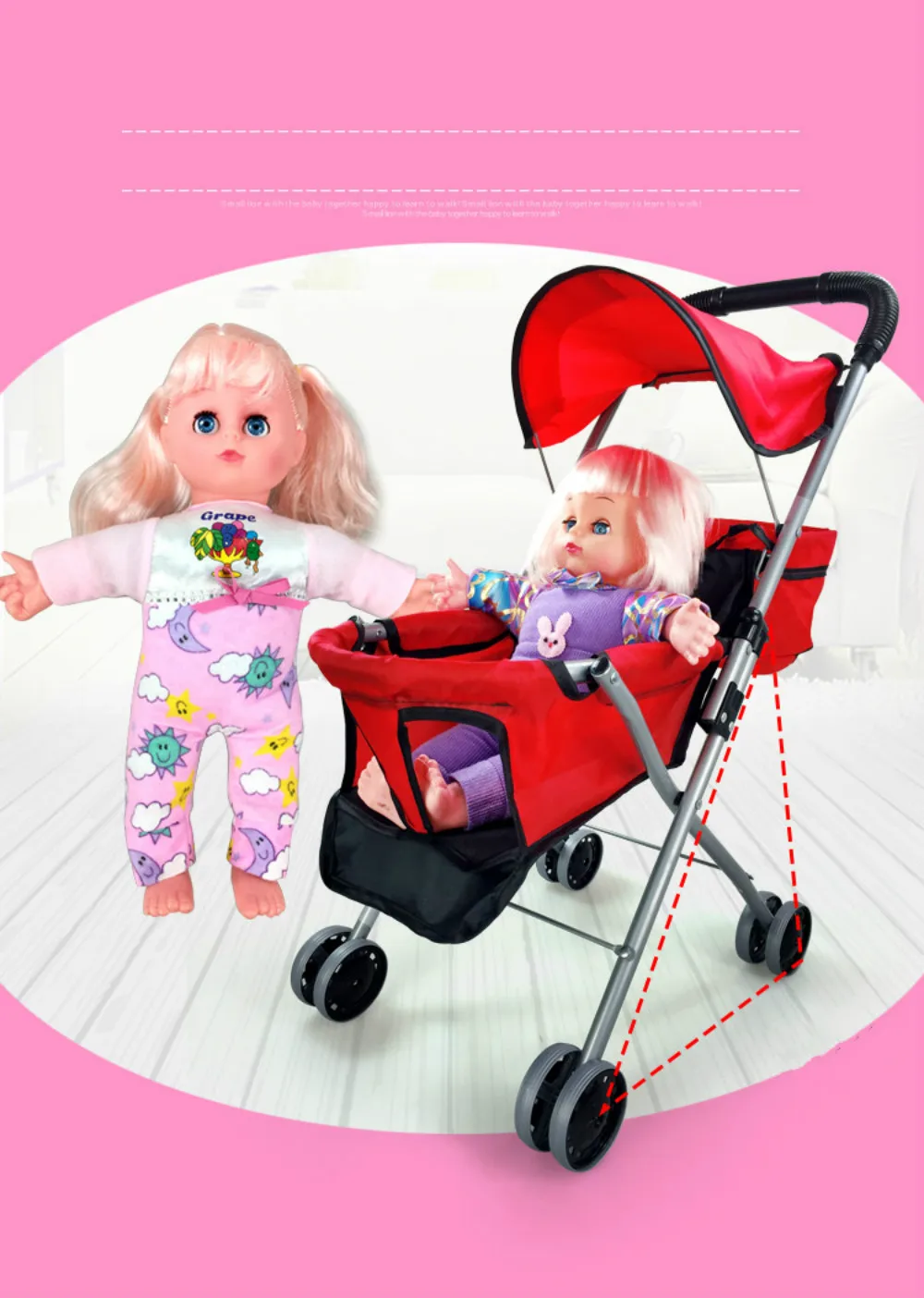 Baby Toys Stroller for Girls Pretend Play Stroller Pushchair Toys Walker Cart Children Stroller for Dolls Umbrella Pram 2~4 Y
