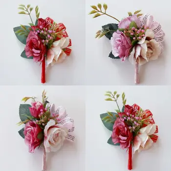 

Wedding Handmade Boutonniere Wrist Corsage Artificial Flower Imitation Pearl Stretch Bracelet for Groomsman Bridesmaid Decor