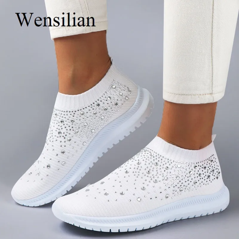 Sneakers Women Vulcanized-Shoes Crystal Slip-On Female Loafer Tenis White Feminino Bling