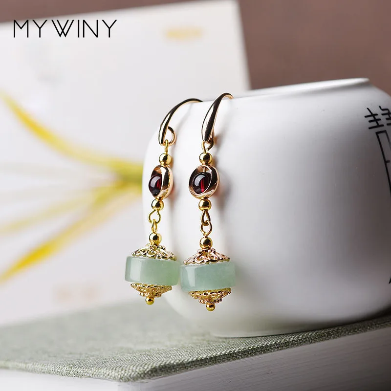 

MYWINY NEW Original design ethnic wind earrings , Aventurine,Garnet pendant earrings simple fashion with long earrings for girl