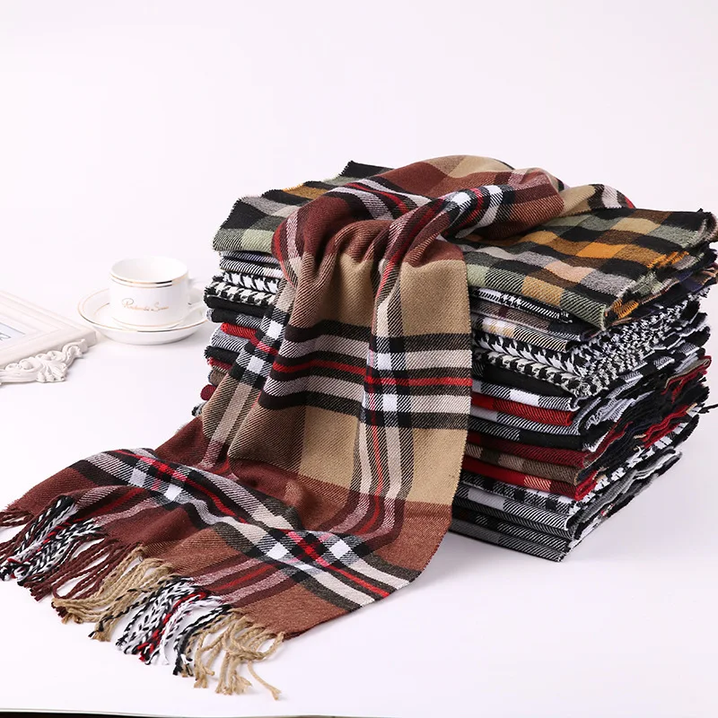 Мужской зимний клетчатый шарф, теплый wo, мужские кашемировые шали, шарфы, повседневные шарфы с кисточками, мужской деловой шарф из пашмины