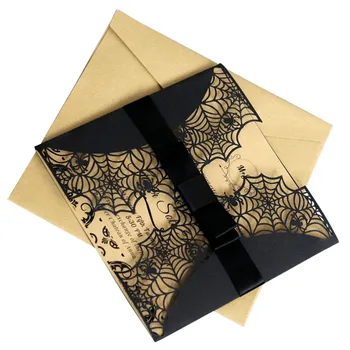 

10pcs Creative Cut Halloween Invitations Card Hollow Horror Party Invitations Cards Spiderweb Design Cards with Bowknots (Blac