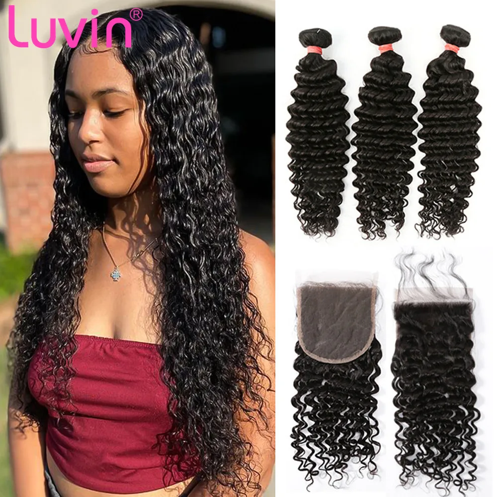 Pacotes de onda profunda brasileira do cabelo de luvin com fechamento não remy do cabelo humano 3 e 4 pacotes com fechamento do laço extensões do cabelo humano