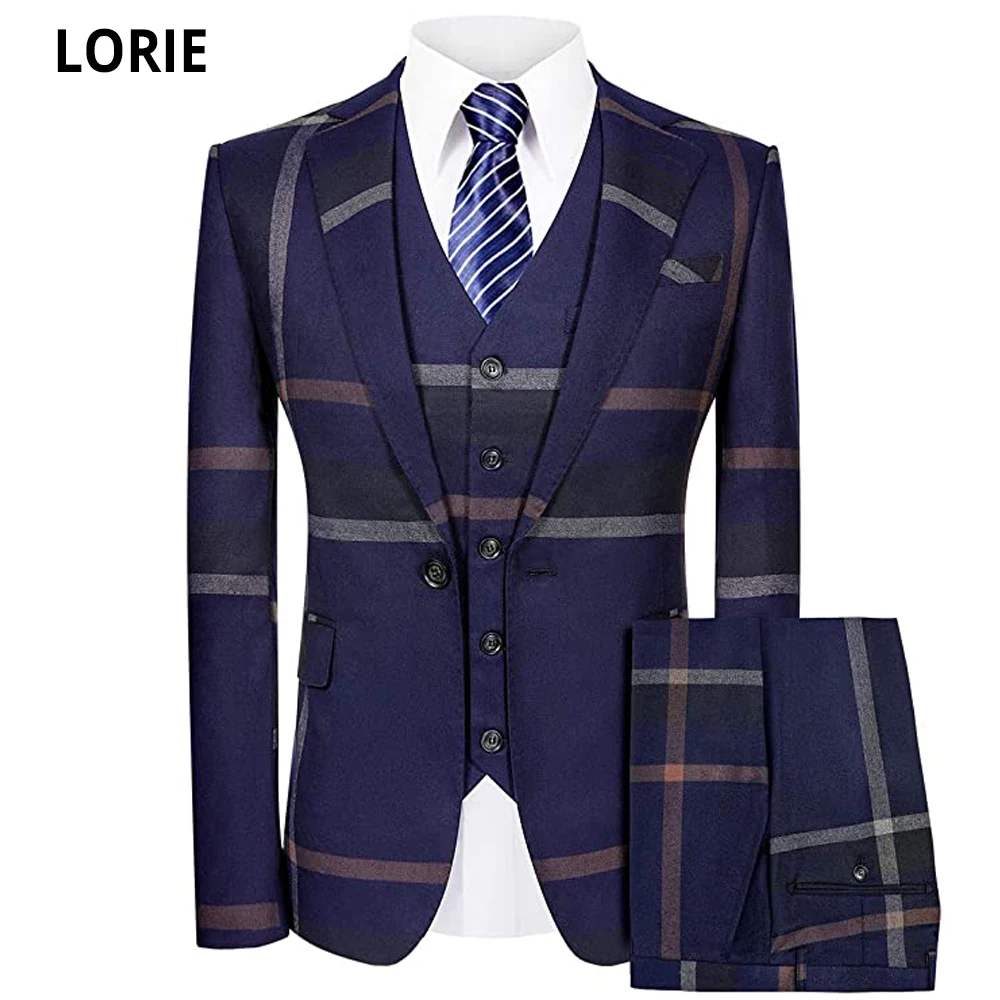 

LORIE 2020 Mens Plaid Suit Slim Fit 3-Piece Leisure Suit One Button Blazer Dress Business Wedding Party Jacket & Vest & Pants