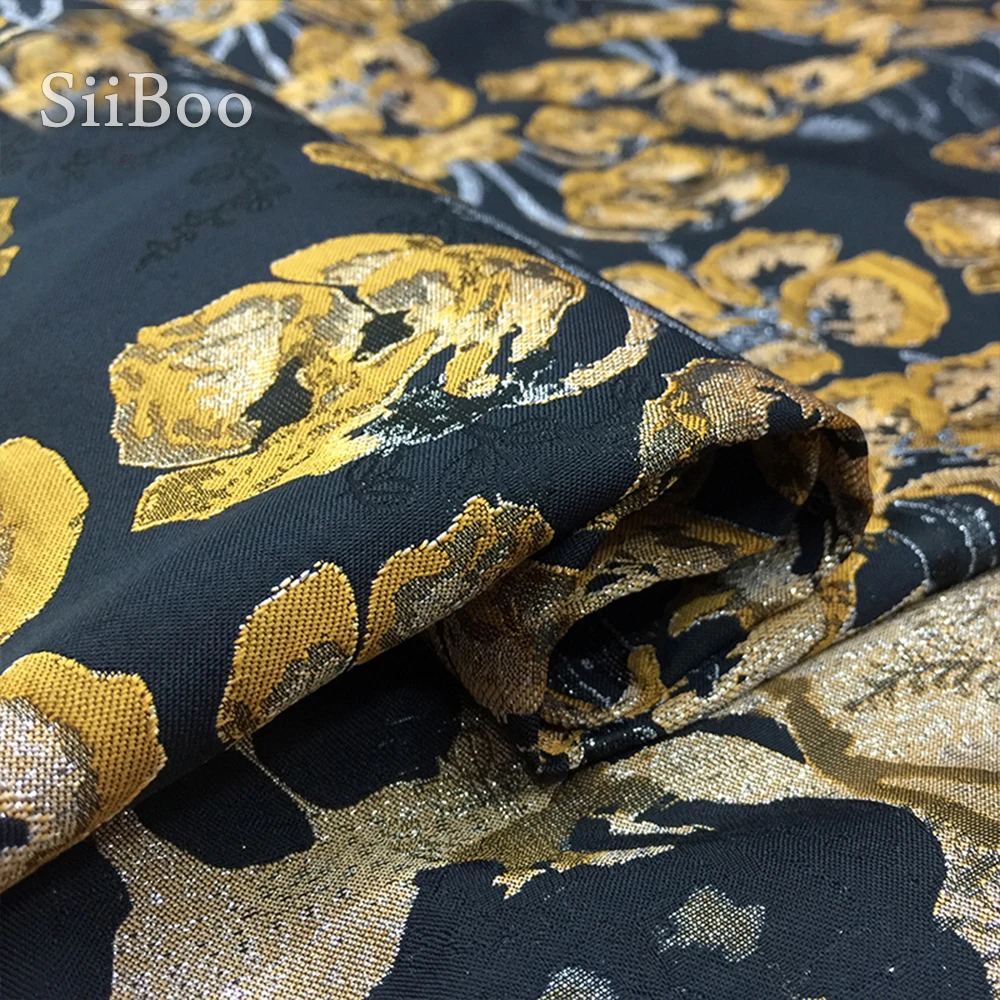 Жаккардовая ткань для платья SP4628 винтажная черного и золотого цветов с