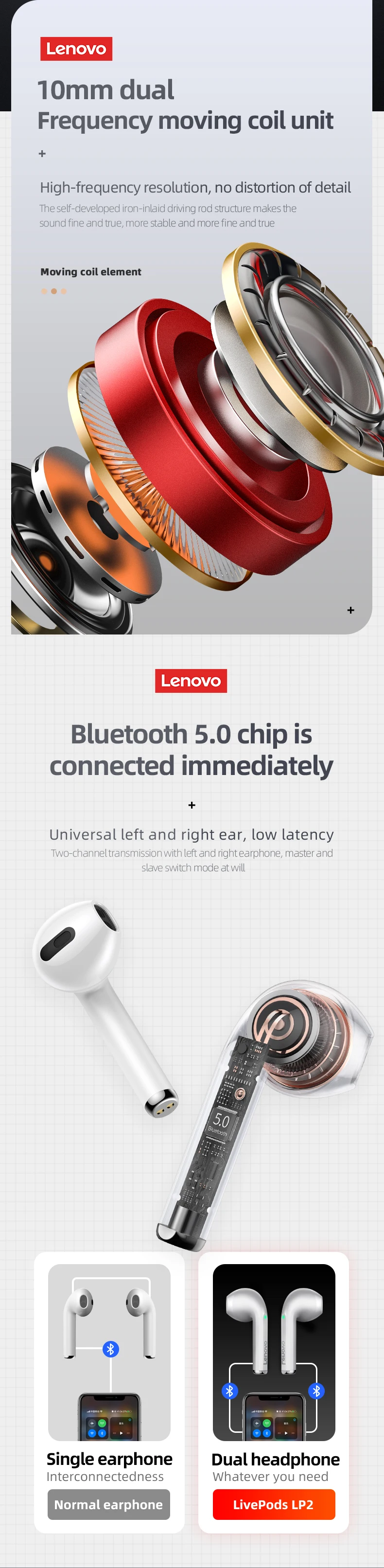 Lenovo LP2 Wirless Bluetooth 5.0 Earphones Touch Control Wireless Headphone Sports Earbuds Waterproof Headset Mic Control Button
