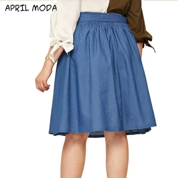 

Plus Size Women's Casual Denim Skirt Women's Cotton A-Line Commuting Solid Color Pleated Bow Big Swing Skirts 2020 Spring New
