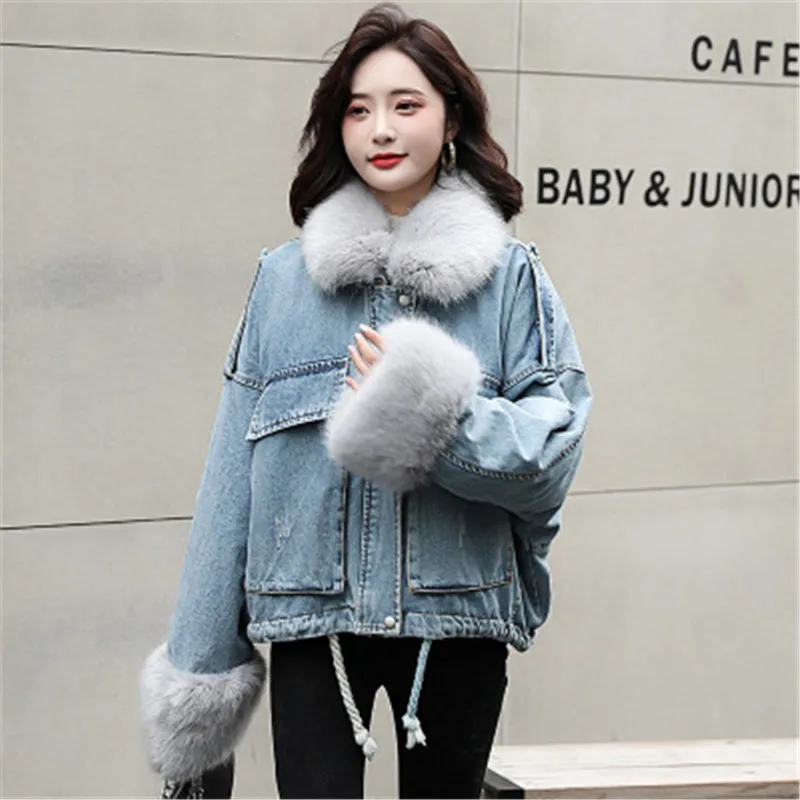 Бархатная Толстая джинсовая куртка для женщин с длинным рукавом и большим меховым воротником, теплая женская джинсовая куртка, женские джинсовые пальто, женское хлопковое короткое пальто