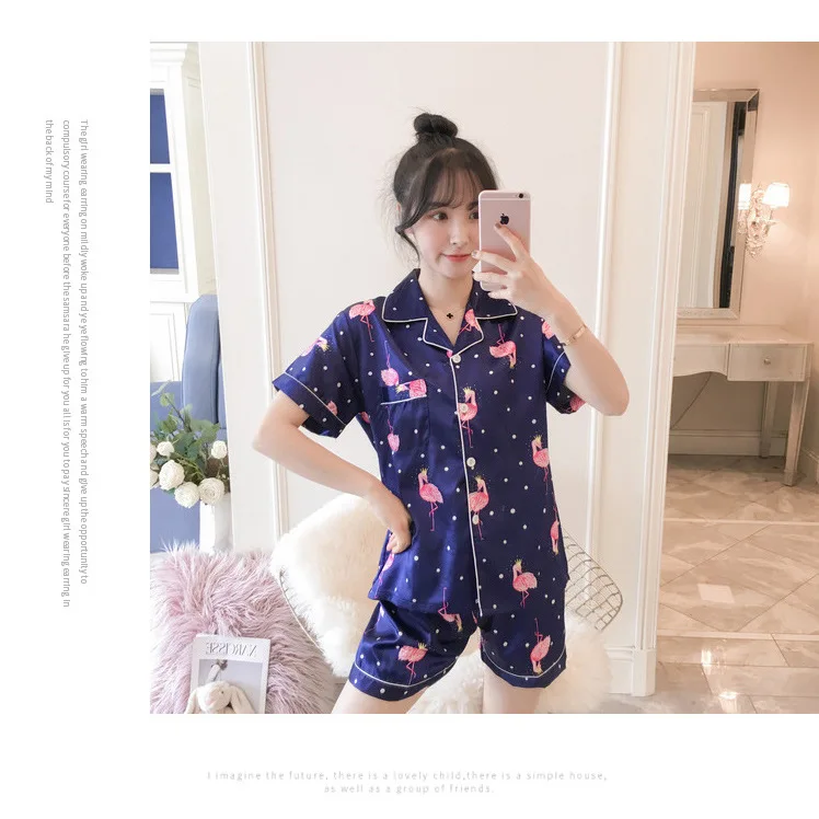 INS Pajamas Women's Summer Short-sleeved Sweet Korean-style Flamingo Summer Women's Imitated Silk Fabric Home Wear Two-Piece Set