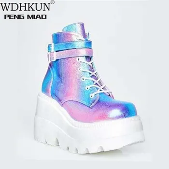 

2020 New Winter Women Platform Boots Fashion Thick Bottom Ankle Boots Wedges Shoes Woman Lace Up Buckle Ankle Boots Botas Mujer