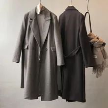 Shuangwo woolen women's 2021 winter new Korean version of retro twill long wool coat 3368