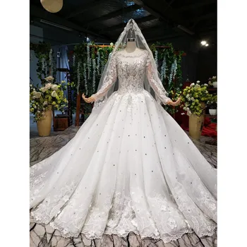 شراءBGW 21710ht فستان زفاف فاخر كم طويل العنق الدانتيل يصل الظهر يزين فساتين الزفاف مع طرحة زفاف Vestido De Casamento