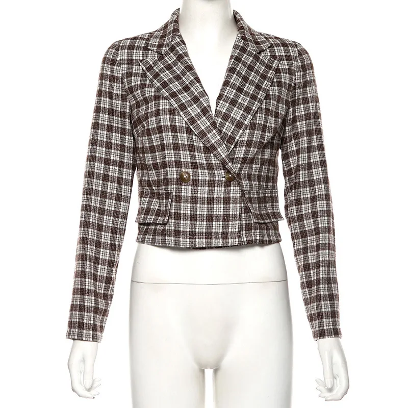 Элегантный клетчатый короткий Блейзер на одной пуговице Feminino, осенняя офисная верхняя одежда с длинным рукавом и зубчатым вырезом, повседневный Блейзер, женский пиджак