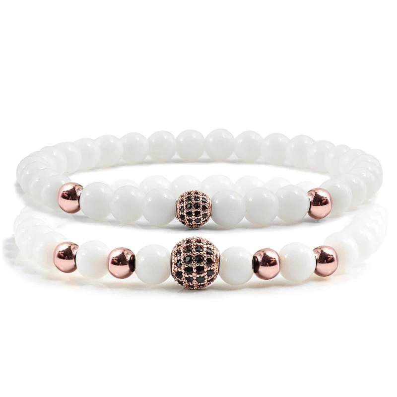 White Rose Gold 2 шт./компл. 6 мм Натуральный камень эластичный браслет Micro Pave чешское стекло диско шар Браслеты с бисером, браслет на запястье для Для женщин Для мужчин, ювелирное изделие для пары, браслеты - Окраска металла: White Rose Gold