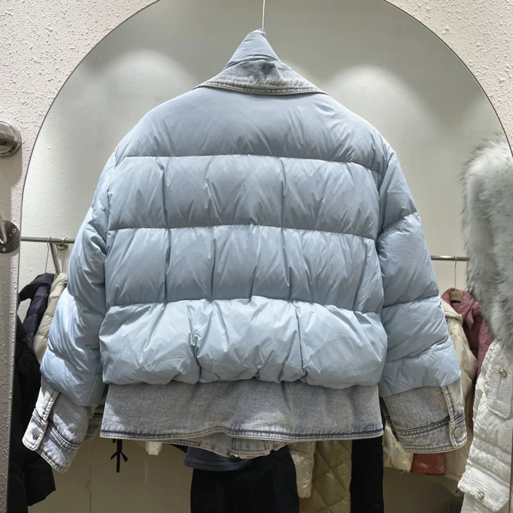 Denim Stitching Quilted Feather Coat 