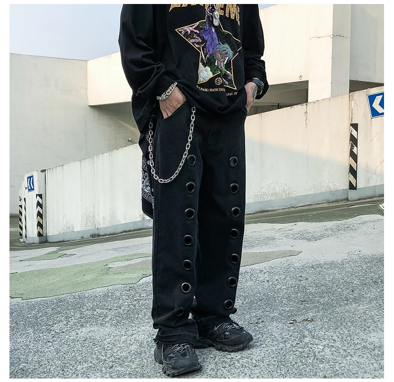 Мужские прямые шаровары с железным кольцом и дырками для мужчин и женщин, модная уличная одежда в стиле хип-хоп, готические Свободные повседневные джинсовые брюки, ковбойские штаны