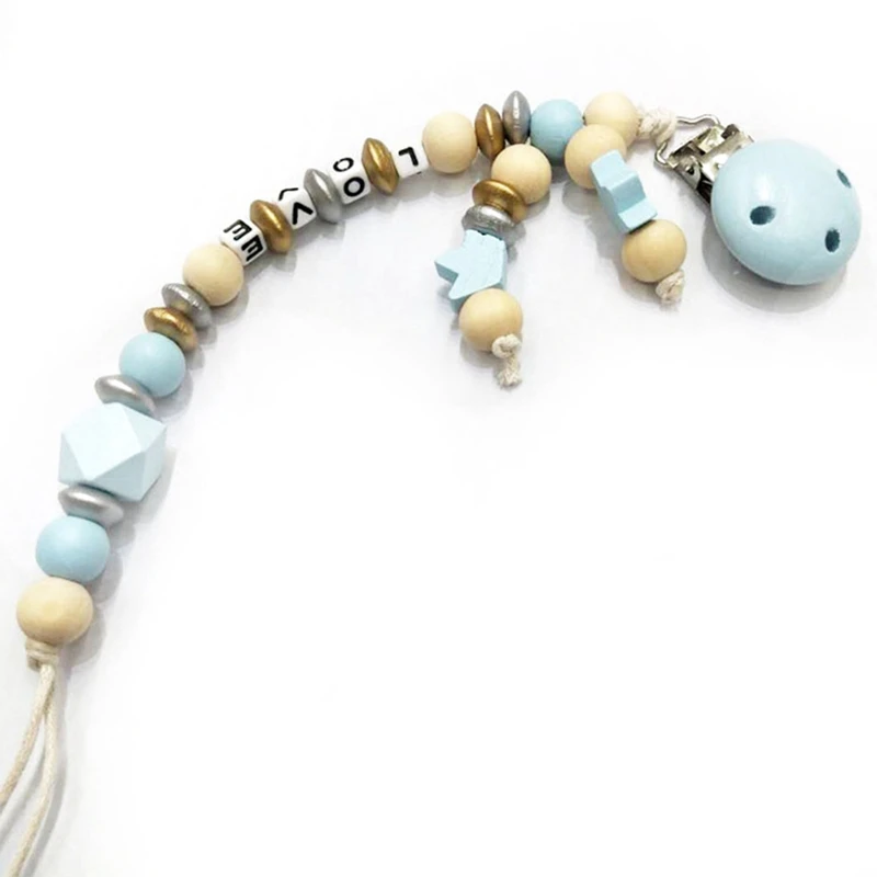 BL 1PCS Wood Silicone Beads Baby Pacifier Clips Chain Nipple Pacifier Chain Holder Letter Charms Teether Toys Anti-Drop Chains - Цвет: BL