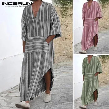 

Muslim Islamic Kaftan Men Cotton Striped Vintage Robes Pockets Long Sleeve Saudi Arabia Men Jubba Thobe 2020 Plus Size INCERUN