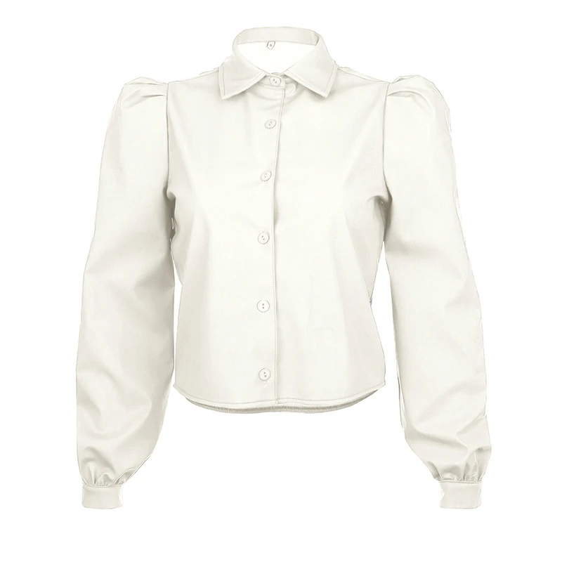 Darlingaga блуза с пышными рукавами из искусственной кожи, рубашка с однотонными пуговицами, укороченный топ, модная женская блузка, элегантные ретро офисные женские топы