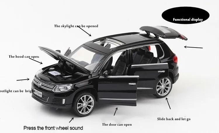 1:32, немецкая модель автомобиля VW Tiguan, литая под давлением, модель автомобиля из Золотого Металла, оттягивающая назад, модель автомобиля с подсветкой, игрушка в подарок для детей