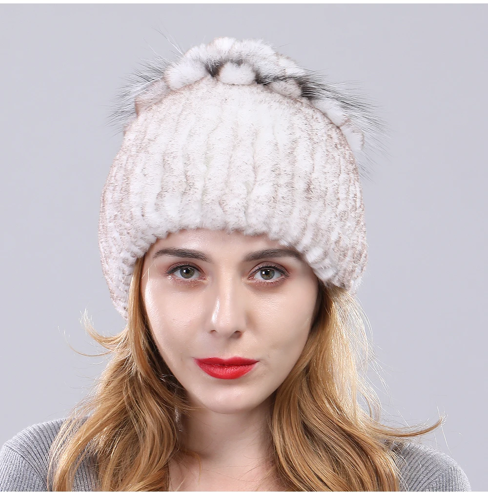 Women Real Rex Rabbit Fur Hats Lady Handmade Knitted Striped Genuine Rex Rabbit Fur Cap Winter Warm Fashion Fur Beanies