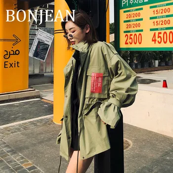 

BONJEAN Trench Coat for Women 2019 Autumn Clothing Turtleneck Wide-waisted Coat Long Windbreaker Army Green Coats BJ1719
