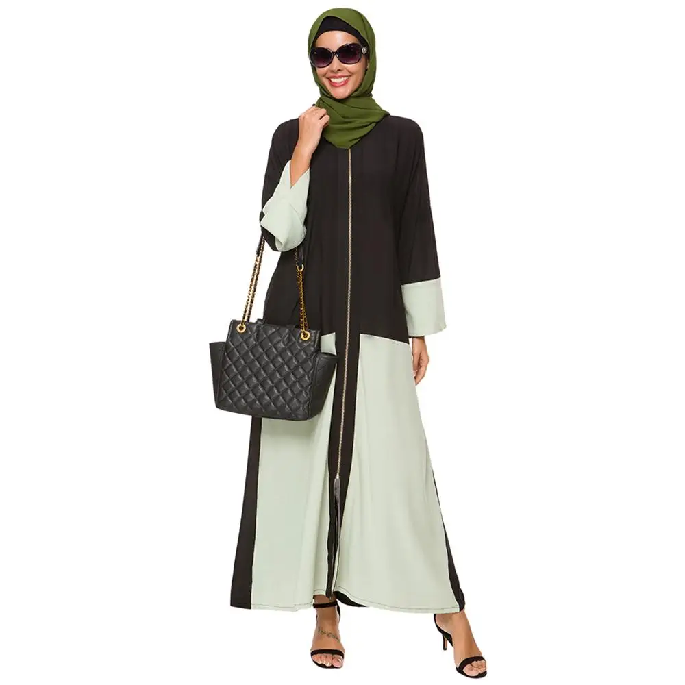 Light Green Женский мусульманский кафтан абайя исламское длинное jilbaw Дубай халат на молнии арабский халат лоскутное шифоновое платье с длинными рукавами цвет блок - Цвет: Light Green