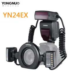 Светодиодная лампа для видеосъемки Yongnuo YN24EX YN-24EX E ttl Twin Lite Макро Вспышка Speedlite для Canon камеры с двойной 2 шт. головка вспышки + 4 Адаптер кольца