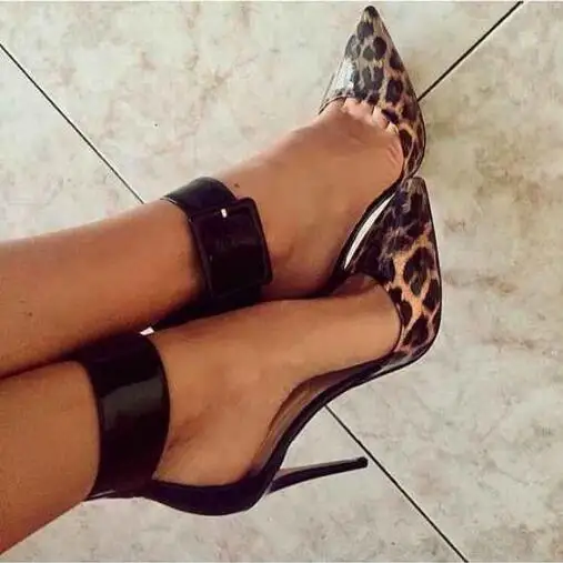Sexy Leopard Patent Leather High Heel Shoes Big Ankle Strap Buckle Thin Heels Woman Pumps Cutouts Party Dress Heels 35-42