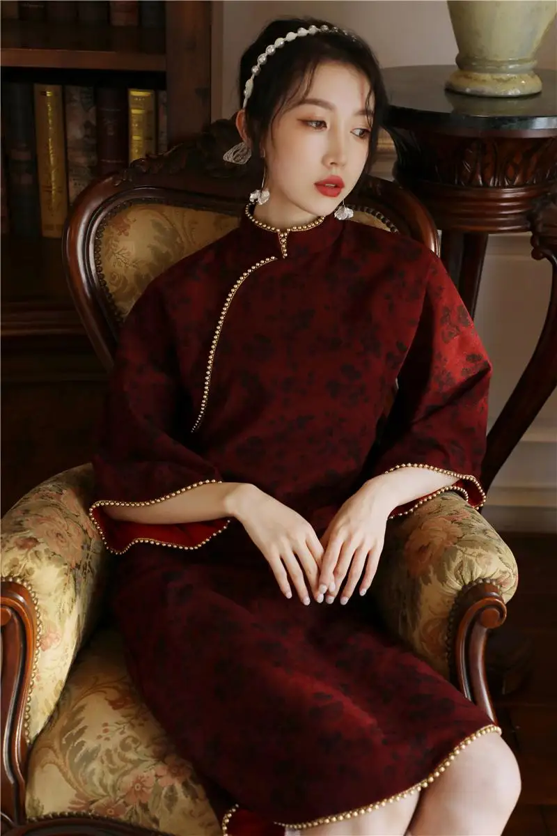 Chinese style dress red printing qipao qiu dong modified dress of the republic of China