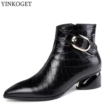

ALLBITEFO genuine leather high heeks ankle boots for women Stone texture women high heel shoes matin boots winter women boots