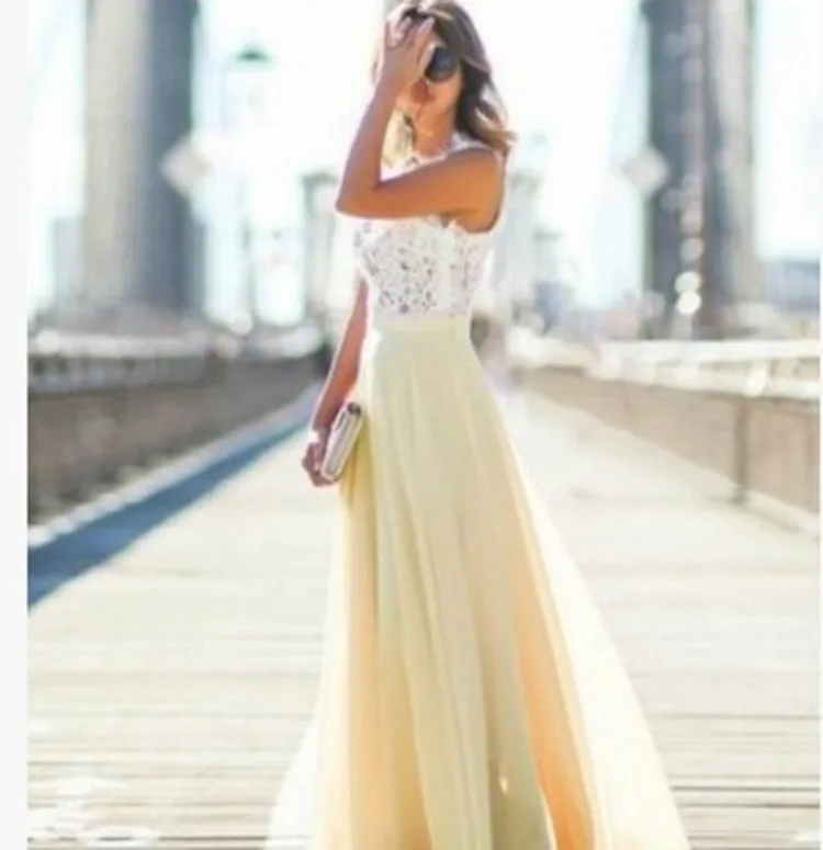 yellow NEW Hot Sell Women Sexy Vestidos Party Dresses Nude Pink Beach Summer Boho Maxi Long Hollow Out Patchwork Sundress dress - Цвет: yellow