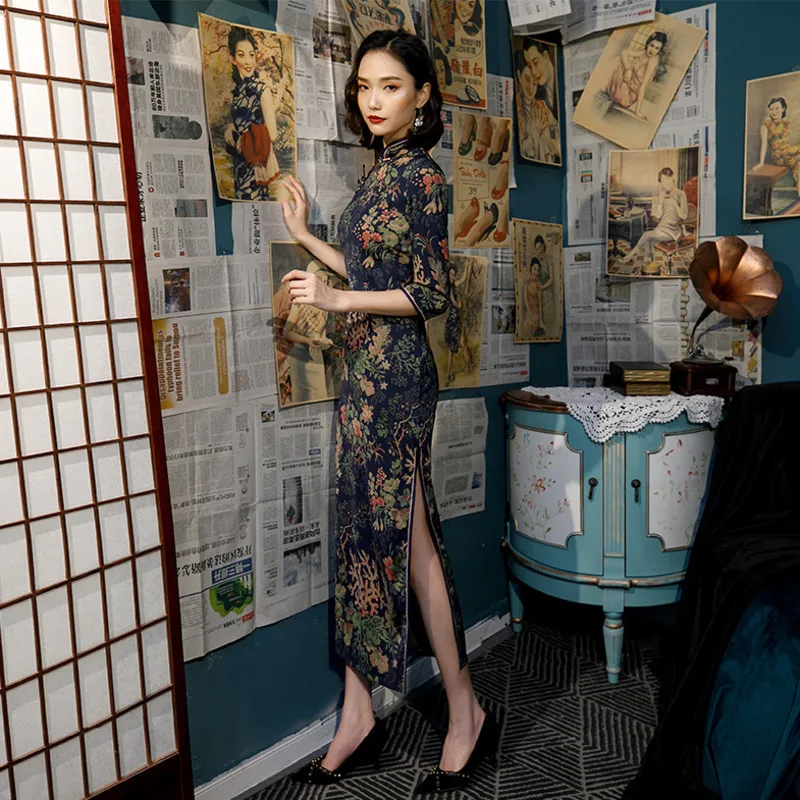 Sheng Coco винтажное имитирующее облако пряжа Cheongsam длинное платье вечернее Ретро Цветы Qi вечерние платья M-5XL размера плюс женская одежда