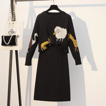 

HAMALIEL Fall Winter Knitted Cartoon Pattern jacquard Loose Sweater Two Piece Set And Plus Size Split Black Skirt Set L-5XL