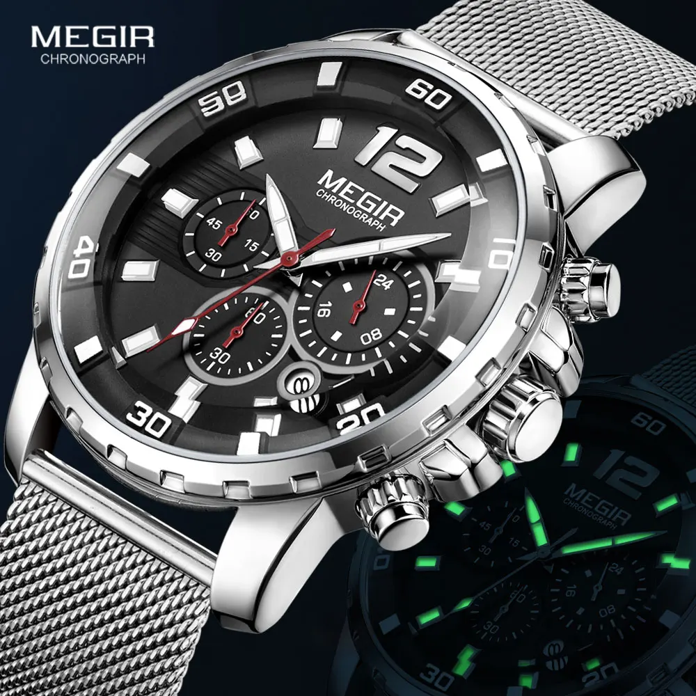 MEGIR Chronograph Quartz Watches for Men 2020 Luxury Top Brand Military Sport Waterproof Wristwatch Men's Mesh Strap Watch Clock