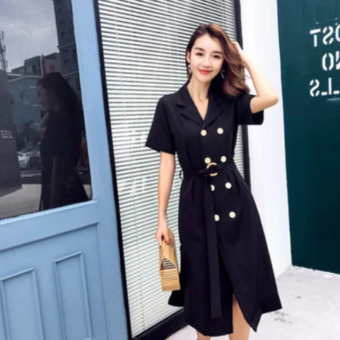 Summer Notched Long Shirt Dress 2020 Women Sashes Double Breasted Short Sleeve Female Lace-up Slim Waist Vestidos AQ300 | Женская одежда