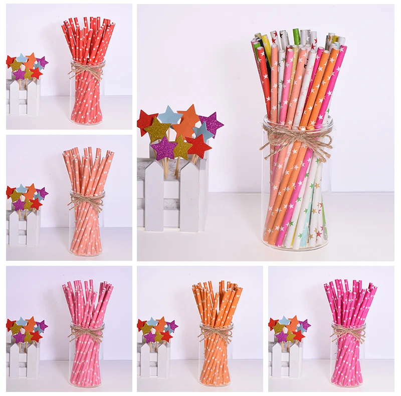 

25pcs Red Cake Topper Paper Straws Wedding Favors Star Drinking Straws Birthday Party Decorations Kids Party Disposable Supplies