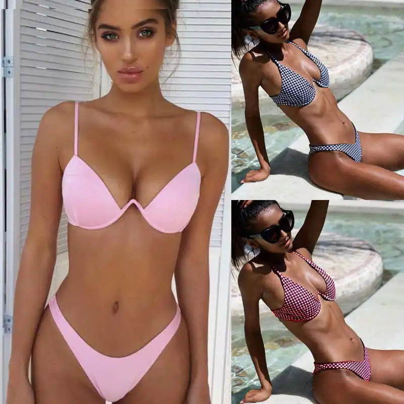 HolaSukey 2019 Sexy Bikini Set Women Swimwear Solid Backless Swimsuit Low Waist Brazilian Bathing Suit High Cut Biquini |
