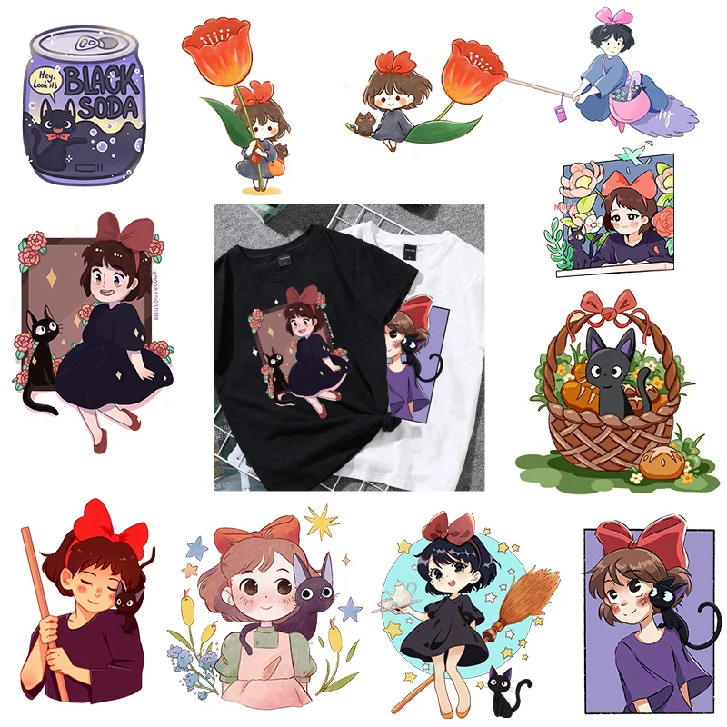

Cute Anime Little Girl Black Kitten Cartoon Children's Clothing T-shirt Printing Heat Transfer DIY Iron On Patches Washed Vinyl