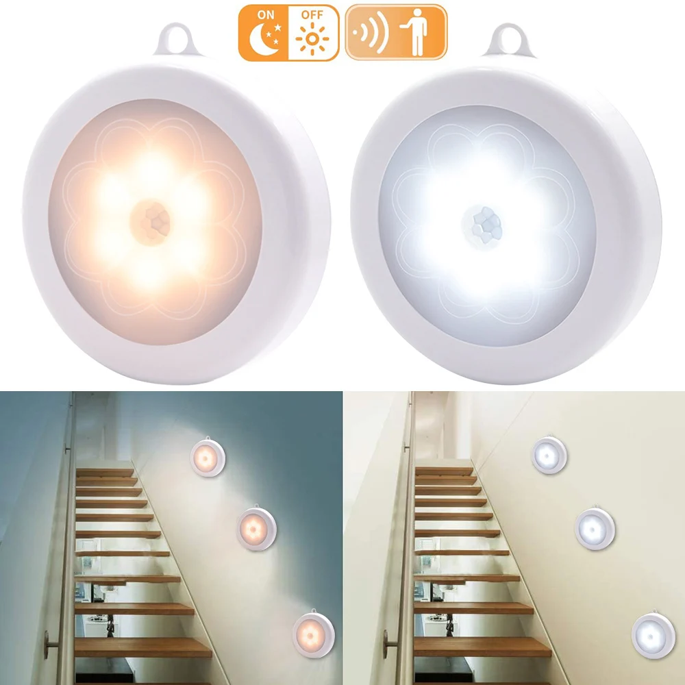 

1/3/6Pack PIR Motion Sensor Round Closet Cabinet Light LED Motion Sensor Night Light Battery Operated with Hook Loop Tape D30