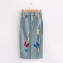 Модная осенняя и зимняя новая джинсовая юбка с высокой талией и принтом бабочки