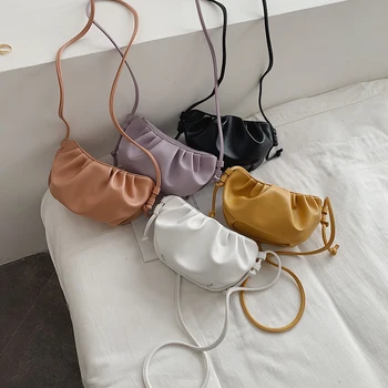 

Solid Color Women Shoulder Messenger Bag Pleated Small Ladies PU Clutch Handbags Cloud bag Soft Leather Single Shoulder purse