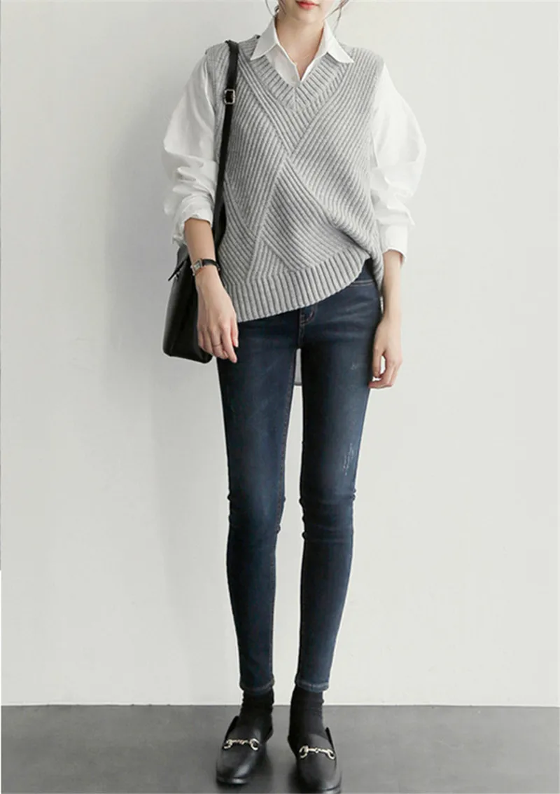RUGOD New Women Knitted Sweater Vest V-neck Sleeveless Loose Slim Cross Sweater Korean Office Lady Streetwear Vest Coat