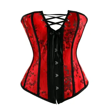 

Women Sexy Bridal Red Plum Flower Brocade Overbust Corset Waist Cincher Lace Up Boned Through Top Corsets Bustiers Lingerie
