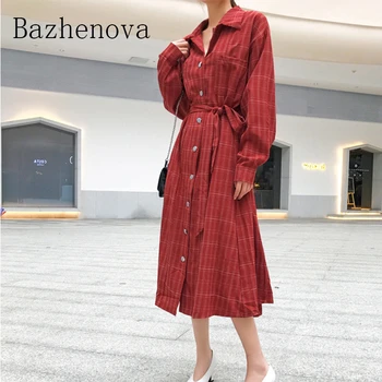 

Bazhenova Woman Autumn Plaid Dresses Sweet Woman Elegant Gown Office Lady Fall Dress All-match Women Empire Clothes Girl R708