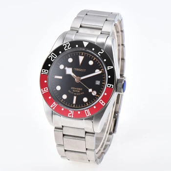 

Fashion Corgeut 41mm black dial luminous marks black red rotating bezel sapphire deployment buckle automatic movement mens watch