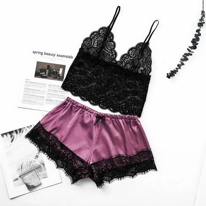 Women Sleep Wear Sexy Lingerie Satin Lace V-Neck Camisole Shorts Set Sleepwear Pijamas Women Sleeping Clothes Sleepwear Women